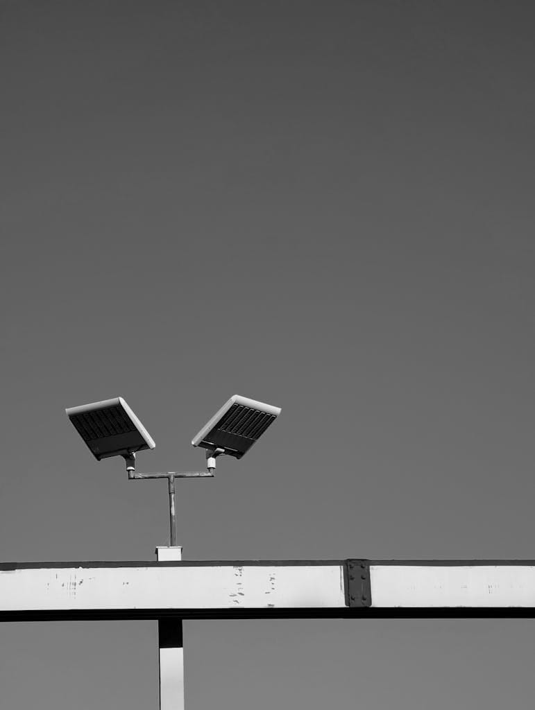 Monochrome image showcasing solar lights on a pole with a clear sky background.
